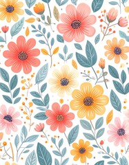 Delicate floral pattern with pastel flowers and leaves on white background