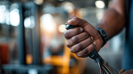 Close up of a hoist controller gripped firmly in the hand of an unrecognizable Black man his fingers wrapped around the ergonomic buttons cables dangling slightly the faint hum