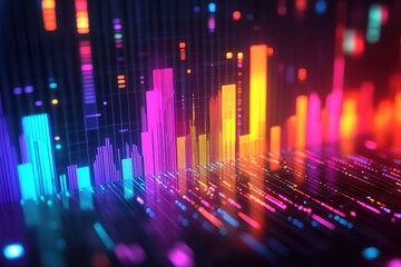 A vibrant, abstract digital visualization showcasing colorful bars and lines, representing data or sound waves in a futuristic design.