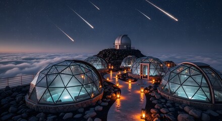 A breathtaking night sky filled with shooting stars above a cluster of geodesic domes and observatories perched on a mountaintop, with a sea of clouds below