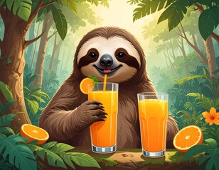 Happy sloth drinks orange juice in jungle
