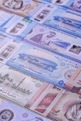 UAE money, dirhams, cash arabic banknotes for financial and business processes. Emirates cash