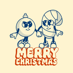 Sweet ornament and candy cane Christmas card. Vintage contour design with dot shadows and joyful holiday typography