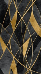 Abstract black and gold art deco design with geometric shapes and curved lines
