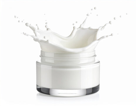 Milk Splash in Glass Jar on White Background, Liquid Explosion, Dairy Product, Freshness.