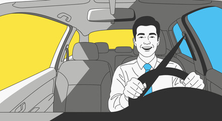 Cheerful man in a shirt and tie smiling while driving his car, representing a positive and safe daily commute