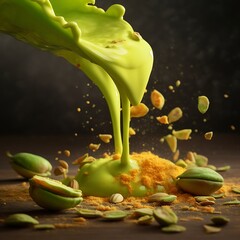 Pouring pistachio cream a vibrant green liquid splash with pistachio pieces perfect for food photography and culinary concepts