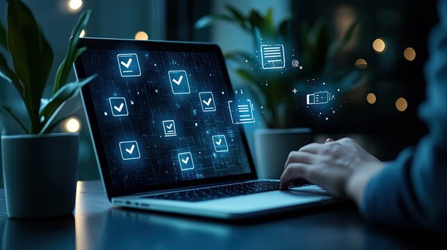 Laptop checkmark icons digital document validation