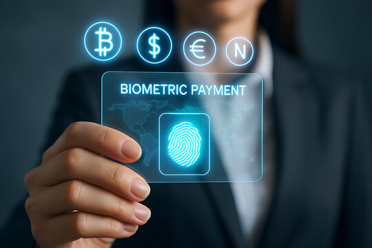 Biometric payment technology with cryptocurrency and currency symbols