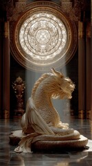 Majestic dragon sculpture illuminated by sunlight in an ornate temple environment