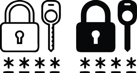 Password Icons. Black and White Vector Illustrations. Padlock, Key, and Hidden Code. Secret Combination of Numbers, Letters, and Symbols to Access Data. Data Security and Protection

