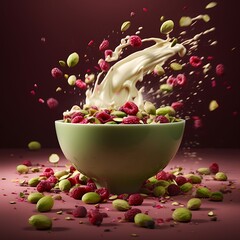 Dynamic splash of cream over a bowl of raspberries and pistachios a vibrant and appetizing food shot perfect for culinary blogs and advertising