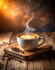 Warm latte on rustic wood