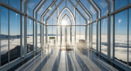 A breathtaking modern chapel with a glass ceiling and walls, offering panoramic views of clouds and mountains, bathed in the warm glow of the sun