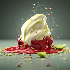 Delicious dessert with white cream and red sauce garnished with lime and pistachio crumbs a sweet treat for food photography