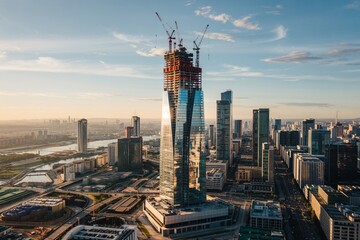 Obraz premium This expansive aerial shot captures a modern city skyline bathed in the golden light of sunrise or sunset. 