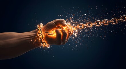 A male hand holding glowing chains breaking apart, symbol of freedom.