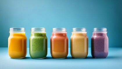 Colorful Smoothies In Glass Jars On Light Blue Background