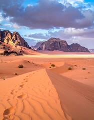 Desert landscape with sand dunes and mountains