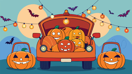 Halloween Carload of Jack O Lanterns Bat Decorations and Festive Lights A Spooky and Fun Celebration