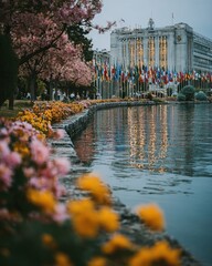 Palace of Nations in Geneva with country flags, United Nations Office, global peace and diplomacy theme