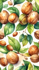 Watercolor nuts and leaves pattern