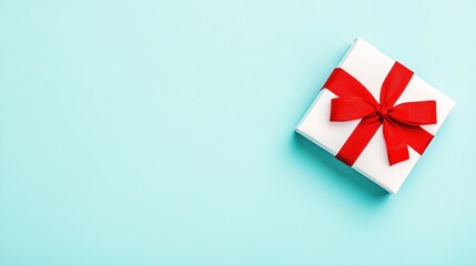 Fototapeta premium White gift box red ribbon on light blue background