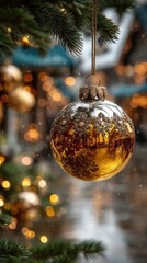 Golden ornament hanging on a Christmas tree amidst a cozy holiday atmosphere with blurred lights