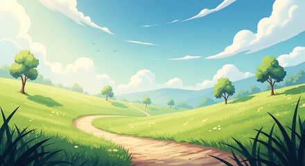 Fototapeta premium Serene Countryside Path Under Sunny Sky.
