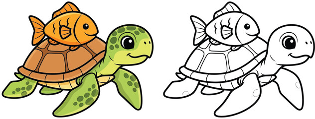 Cute Cartoon Sea Turtle with Goldfish on its Shell - Adorable Ocean Animals Isolated Vector Illustration for Coloring Book