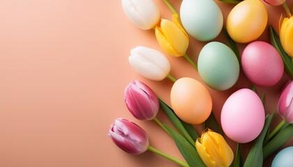 Obraz premium Colorful Easter Eggs And Tulips Arranged On Bright Background