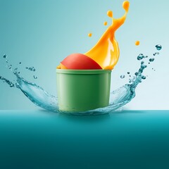 Red egg in a green container with orange liquid splash creating a dynamic and vibrant food illustration ideal for advertising and product promotion