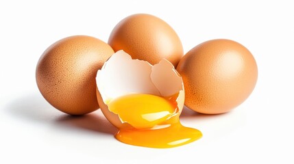 Brown eggs and cracked yolk on white background