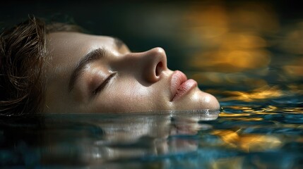 Fototapeta premium A serene portrait of a person gently floating in water, with soft reflections and a tranquil atmosphere, evoking peace and calmness.