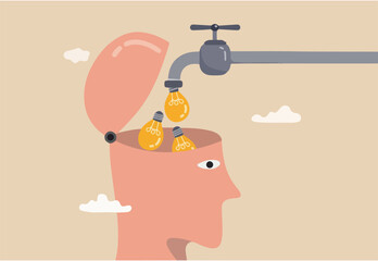 Learn new skills, create new ideas or innovative solution, education and knowledge or imagination and creativity to think like genius concept, bright lightbulb ideas flow from pipe into human head.