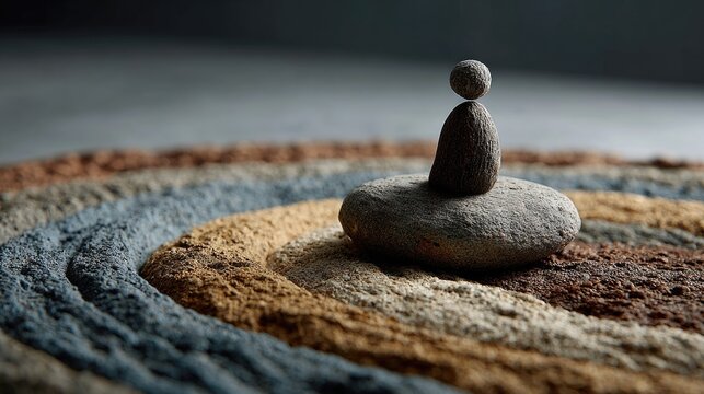 A serene arrangement of stones creating a calming visual focal point, symbolizing balance and tranquility.