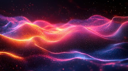 Fototapeta premium A vibrant, abstract landscape of glowing waves in shades of pink and blue, resembling a cosmic sea of light and particles.