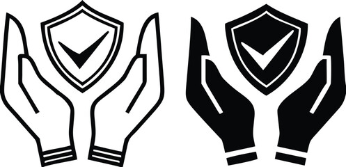 Secured Icons. Black and White Vector Illustrations. Human Hands and Shield. Human Protection, Information Security and Privacy, Cyber, Insurance. Concept Data Security and Protection

