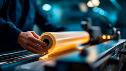 A roll of flexible polymer material feeds into a flexographic press an unrecognizable Black worker adjusting settings in the blurred background ink rollers spinning control dial