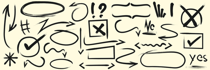 Hand-drawn beige doodles with arrows, speech bubbles, checkmarks, crosses, question marks, and exclamation points. Perfect for creative designs, notes, and casual presentations. Ideal for graphic 