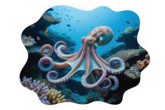 A vibrant octopus with flowing tentacles gracefully swims in a colorful coral reef environment isolated on transparent background.