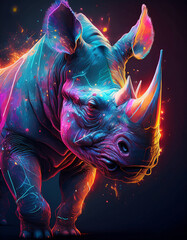 Neon glowing rhinoceros digital art vibrant fantasy animal illustration