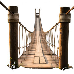 Fototapeta premium Suspension bridge with wooden posts and rope details scenic view outdoors transparent background