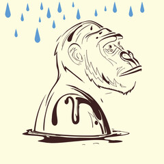 Stylized gorilla head partially submerged with dripping black paint and blue raindrops falling. Artistic vector illustration perfect for wildlife, environmental, and creative themes. Ideal for modern 
