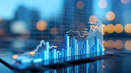 Analyzing financial data on a futuristic display with glowing charts and graphs, representing stock market trends and economic growth