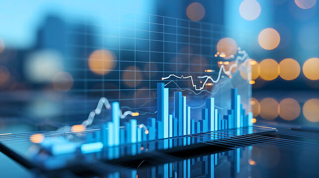 Analyzing financial data on a futuristic display with glowing charts and graphs, representing stock market trends and economic growth