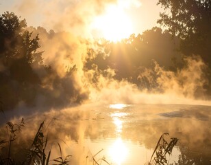 Misty sunrise over a tranquil river