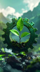 Green sprout in metallic gear