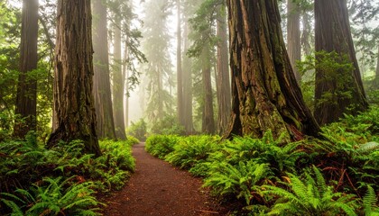 Fototapeta premium Misty forest path winding through giant redwood trees