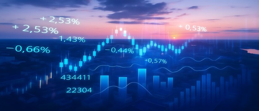 Big data chart on city backdrop.Trade technology, and investment analysis.Business development, financial plan and strategy.Analysis finance graph and market chart investment..